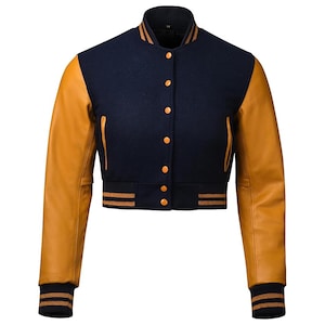 Women&#39;s Custom Varsity Jacket – Cropped Navy Wool & Gold Leather Sleeves | Trendy Bomber Style
