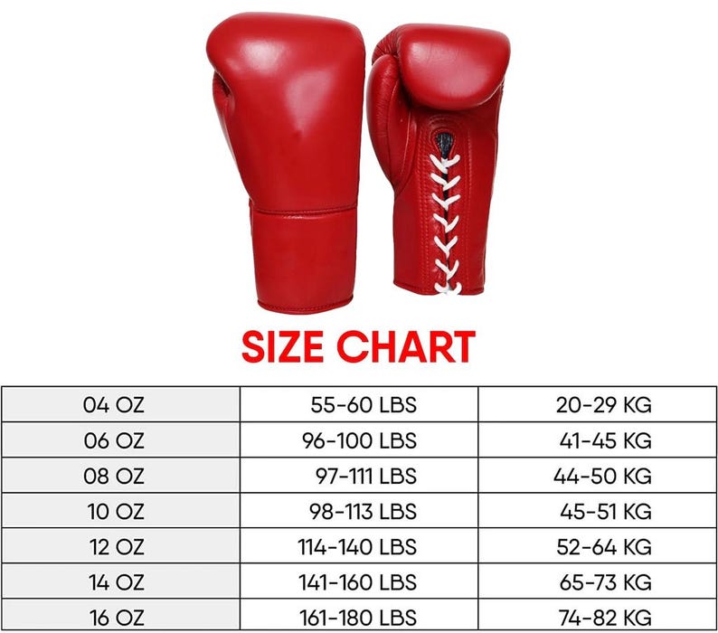 May include: Pair of red boxing gloves with white laces, displayed next to a size chart. The chart lists glove sizes in ounces, with corresponding weights in pounds and kilograms. The text "SIZE CHART" is in red.