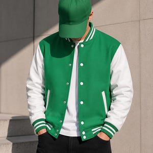 Green Wool Varsity Jacket | White Leather Sleeves, Unisex Letterman