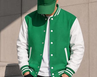 Grön ulljacka för universitetet | Vita läderärmar, unisex Letterman