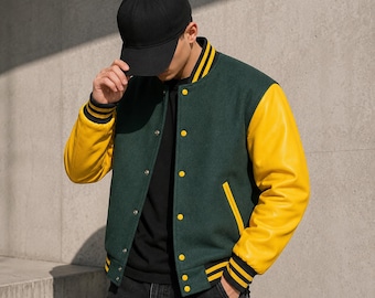 Grön och gul universitetsjacka | Unisex ull- och läderjacka för college, Letterman