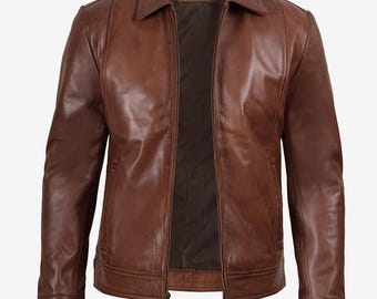 Brown Mens Leather Jacket Real Leather Moto Vintage Biker Coat Gift for Him
