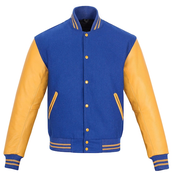 Handmade Royal Blue Varsity Jacket – Gold Leather Sleeves, Custom Letterman Bomber, Personalized Team Jacket, Unisex Streetwear Fashion
