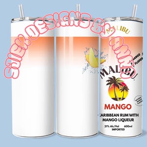 May include: A white tumbler with a lid and straw, featuring a mango-themed design. The design includes the word "MALIBU" and "MANGO" with a tropical scene. The tumbler also has the text "Caribbean Rum with Mango Liqueur".