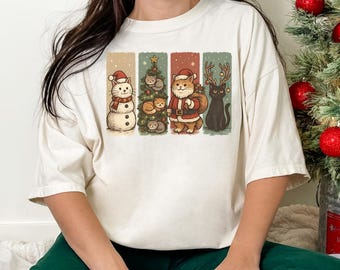 Festive Cats with Christmas Cheer Shirt, Snowman Cat Shirt, Holiday Kitty Shirt, V644