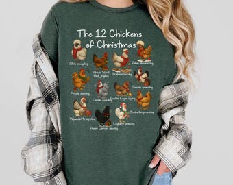 Grappig kerstshirt kip, kerstshirt 12 kippen, boerderijrassen Art T-shirt, kerstmutsen en cadeaus, B166