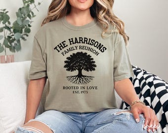 Camiseta de reunión familiar con nombre personalizado, camiseta "Raíz en el amor" (EST. 1975), camiseta personalizada de celebración del árbol genealógico, camiseta de reunión familiar, V475