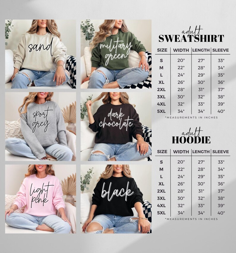Op de afbeelding: Een collectie sweatshirts en hoodies in verschillende kleuren, waaronder zand, legergroen, sportgrijs, pure chocolade, lichtroze en zwart. Elk kledingstuk heeft een andere kleur en tekst. Maattabel inbegrepen.
