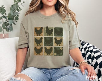 Boho Hen Shirt, Retro Farmhouse Floral Chicken Tee, Cottagecore Aesthetic Clothing, Chicken Lover Gift for Her, Aesthetic Boho Hen Tee, V377