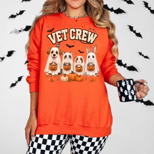 Puede incluir: Una sudadera naranja de manga larga con el texto VET CREW en fuente curva sobre una ilustración de un perro, gato, cobaya y conejo vestidos de fantasmas y sosteniendo cubos de calabaza, con calabazas en la parte inferior.