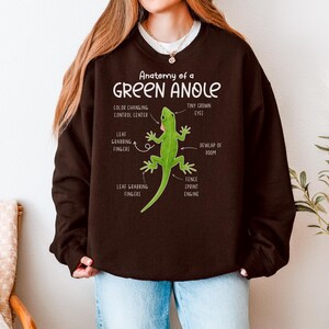 Peut inclure: Un sweat-shirt marron foncé avec l'inscription "Anatomy of a Green Anole" et un schéma d'anolis vert. Le schéma indique des parties telles que "Color Changing Control Center" et "Tiny Crown Eyes".