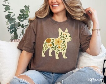 Chemise bouledogue français couleur confort, cadeaux bouledogue français, t-shirt Frenchie, cadeau bouledogue français, chemise florale pour chien français, t-shirt cadeau maman chien, V380