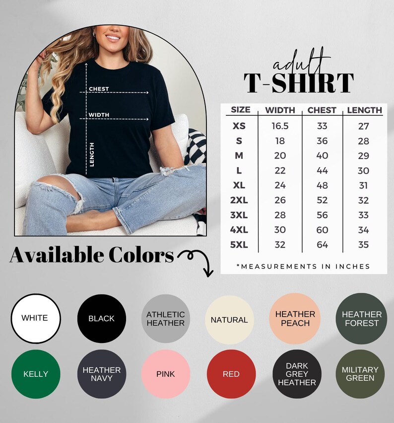 Op de afbeelding: Zwart volwassen T-shirt met een maattabel en beschikbare kleuren. De tabel toont afmetingen in inches voor breedte, borst en lengte, vari&euml;rend van XS tot 5XL. Beschikbare kleuren zijn wit, zwart en heather.