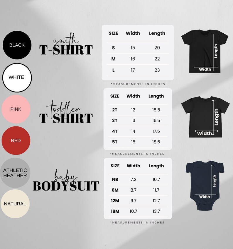 Op de afbeelding: Een maattabel voor jeugd-T-shirts, peuter-T-shirts en baby-rompers. De afmetingen zijn in inches voor breedte en lengte. Kleuropties zijn zwart, wit, roze, rood, athletic heather en naturel.