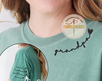 Dada Neck Embroidery Shirt, Daddy Embroidery Tee, Kids Name On Sleeve Shirt, Embroidered Grandpa Gift Shirt, E055
