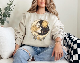 Sunflower Moon Vintage Cottage Sun Set TShirt, Comfort Colors Tee, Celestial Boho T-Shirt, Prezenty dla niej, Sun Face Vintage TShirt, R001