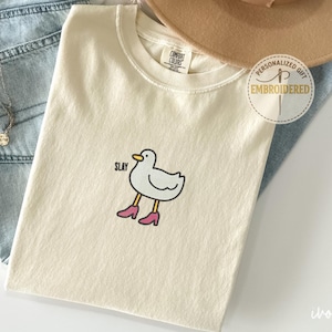Embroidered Goose Shirt, Funny Slay Duck Embroidery T-Shirt, Cute Bird in Pink Boots Tee, Minimalist Embroidered Animal Top Gift, E018
