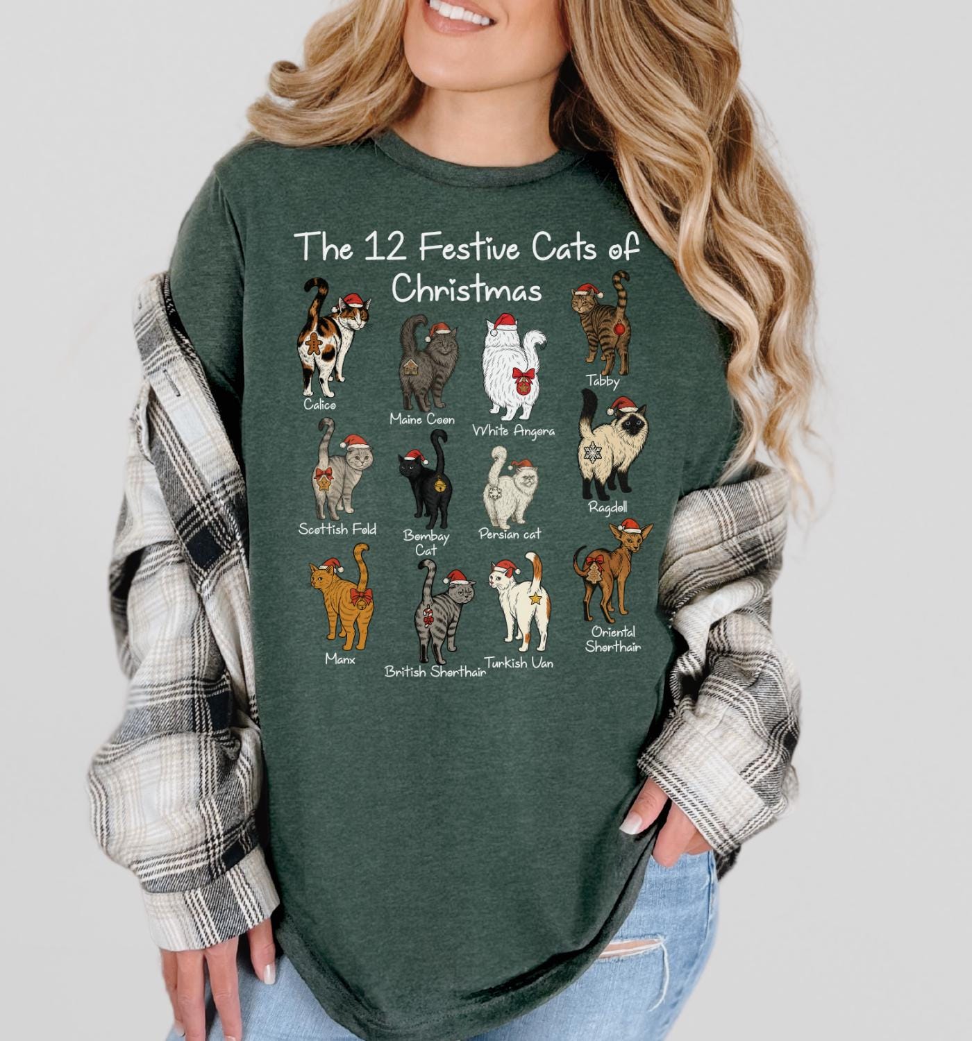 Cat Breeds Christmas T-shirt, 12 Festive Cats in Santa Hats Shirt
