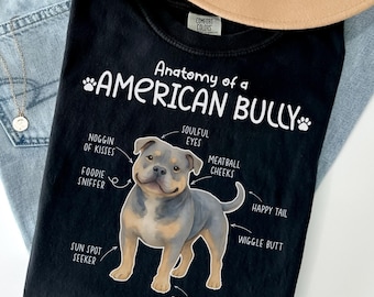 May include: Black t-shirt with the text "Anatomy of a American Bully" and a graphic of a dog. The shirt includes labeled features such as "Soulful Eyes" and "Happy Tail". The shirt is black.