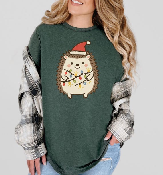 Christmas Hedgehog T-Shirt, Santa Hat Hedgehog Wrapped in Lights Shirt, Fun Holiday Woodland Shirt, B212