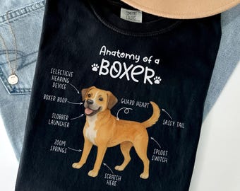 Camiseta con anatomía del perro bóxer, camiseta para amantes del bóxer, camiseta con divertido diagrama de anatomía canina, regalo para dueños de bóxer, camiseta gráfica de raza de perro V768