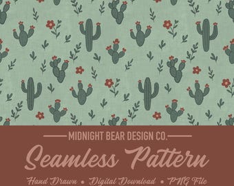 Kaktus Muster | Mint Teal Wüste Blumendruck | Handgezeichnetes Südwest-Kakteen-Digitalpapier für Stoff, Handwerk, Scrapbooking