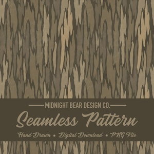 May include: Seamless pattern design in shades of brown and tan, resembling a camouflage or bark texture. The design includes the text "Midnight Bear Design Co." and "Seamless Pattern". The words "Hand Drawn", "Digital Download", and "PNG File" are also included.