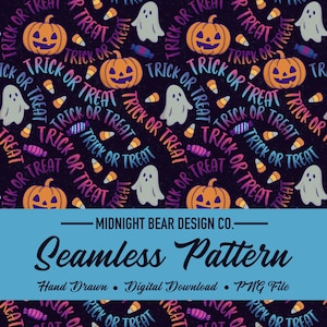 Trick or Treat Halloween Seamless Pattern Digital Paper, Fabric, Tumbler Wrap, Wallpaper, Sublimation, PNG Instant Download, Repeating
