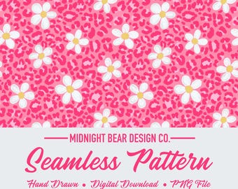 Pink Leopard Print Floral Seamless Pattern Hot Pink Animal Print Digital Paper, Coquette Fabric, Digital Scrapbook, Hand Drawn, PNG Download