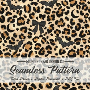 Halloween Leopard Seamless Mönster | Svarta Rosetter & Fladdermöss Digitalt Papper | Neutralt Spöklikt Coquette Tryck | Halvmåne Djurtryck PNG