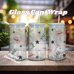 Boots Hats and Stars Western Glass Can Wrap 16oz Hand Drawn PNG Digital Download, Cowgirl Seamless, Cowboy Hats, Cowboy Boots
