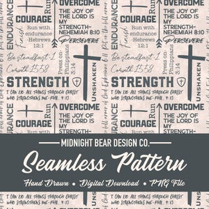 May include: Seamless pattern design with inspirational text including "Courage", "Strength", and Bible verses. The design features a cross and other religious symbols in a repeating pattern on a beige background.