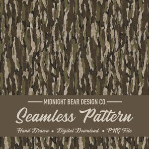 May include: Seamless pattern with a camouflage design in shades of brown, green, and beige. The pattern features vertical, organic shapes resembling tree bark. The text "Seamless Pattern" is displayed in a decorative font, along with "Hand Drawn • Digital Download • PNG File".