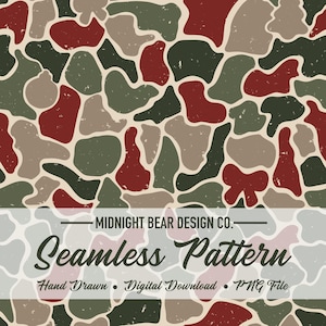 May include: A seamless pattern featuring irregular, rounded shapes in dark green, deep red, and light beige with a distressed texture. The overlay text reads MIDNIGHT BEAR DESIGN CO. Seamless Pattern Hand Drawn Digital Download PNG File.
