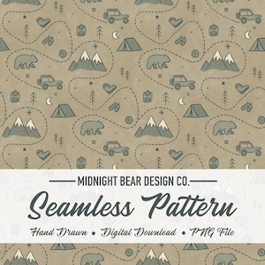 May include: Seamless pattern with a camping theme. Features illustrations of mountains, bears, tents, cars, trees, and stars in shades of gray and white on a tan background. Includes the text "Midnight Bear Design Co." and "Seamless Pattern".
