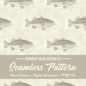 Op de afbeelding: Een naadloos patroon met handgetekende illustraties van baarzen op een lichtbeige achtergrond met golvende topografische lijnen. De tekst op de afbeelding luidt MIDNIGHT BEAR DESIGN CO. Seamless Pattern Hand Drawn Digital Download PNG File.