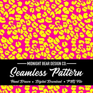 May include: A seamless pattern featuring yellow leopard spots on a vibrant pink background. The design includes the text "Seamless Pattern" and "Hand Drawn • Digital Download • PNG File". The design is by Midnight Bear Design Co.