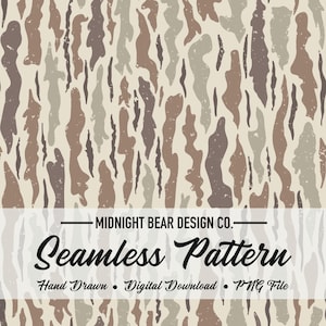 May include: A seamless pattern featuring vertical, irregular, bark-like shapes in shades of brown, tan, and gray. The text MIDNIGHT BEAR DESIGN CO. Seamless Pattern Hand Drawn Digital Download PNG File is centered over the graphic design.