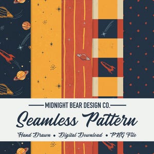 May include: Seamless pattern design featuring space-themed illustrations. The design includes rockets, planets, stars, and a UFO, set against various backgrounds of navy, orange, and red. The text "Seamless Pattern" is displayed.
