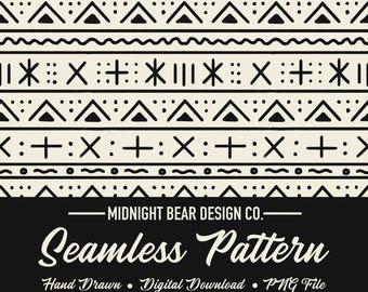 Mud Cloth Seamless Pattern | Tribal Geometric Digital Paper, African Textile Fabric Design, Modern Boho Scrapbook, Hand Drawn PNG Download