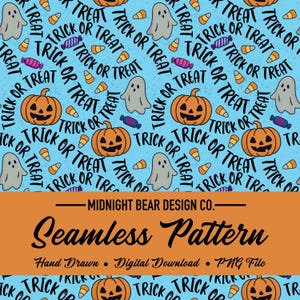 Trick or Treat Halloween Seamless Pattern, Fabric, Tumbler Wrap, Wallpaper, Sublimation, PNG Instant Download Digital Paper