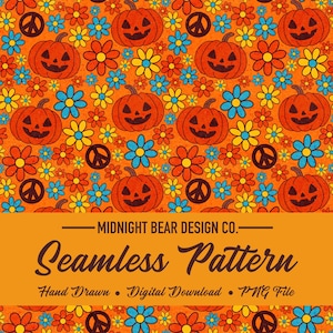 Groovy Pumpkins Halloween Seamless Pattern Digital Paper, Fabric, Tumbler Wrap, Wallpaper, Sublimation, PNG Instant Download, repeating