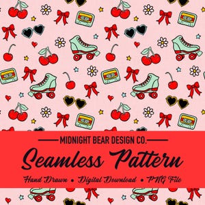 May include: Seamless pattern with retro elements on a pink background. The design includes red cherries, roller skates, cassette tapes, heart-shaped sunglasses, bows, and stars. The text "Seamless Pattern" is displayed.