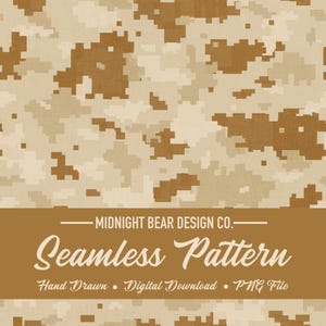 Puede incluir: Patrón digital sin costuras con diseño de camuflaje desértico. El patrón presenta un diseño pixelado en tonos beige, marrón y arena. El texto "Seamless Pattern" se muestra en una fuente decorativa, con texto adicional que indica que está dibujado a mano y es una descarga digital.
