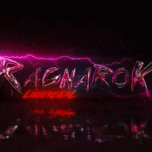 May include: A 3D logo reveal animation with the text "Ragnarok" in a metallic, reflective font with pink and red lighting effects. The text "Logo Reveal" is also visible in red.