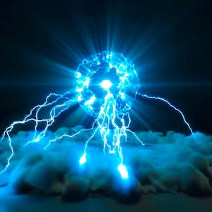 May include: A blue glowing orb surrounded by electric blue sparks, sitting on a cloud-like surface against a black background.
