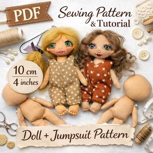 May include: Two handmade doll figures with blonde and brown hair, wearing jumpsuits. One jumpsuit is tan with white polka dots, the other is rust-colored with white stars. The image includes text that says "Sewing Pattern & Tutorial" and "Doll + Jumpsuit Pattern". The dolls are approximately 4 inches (10 cm) tall.