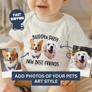 Neuer bester Freund Bodysuit, kundenspezifischer Haustier-geschützter Babysuit, personalisierter Hundename-Shirt für Kindergeschenk, Baby-Haustier-Liebhaber-Dusche-Outfit