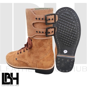 “Premium handcrafted suede leather boots with double buckle straps and lace-up design, rugged non-slip sole, stylish unisex fashion footwear for everyday or outdoor wear”