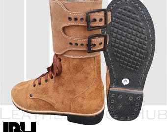 Stivali da combattimento in pelle scamosciata color cuoio, realizzati a mano – M43 Service - Stivali stringati in stile militare vintage con doppia fibbia e suola in gomma resistente